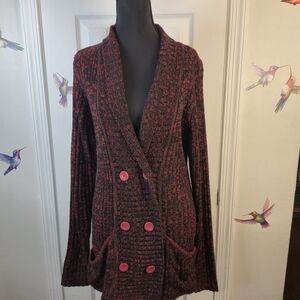 Carol Rose Red & Black Double Breasted Shawl Collar Double Breasted Cardigan